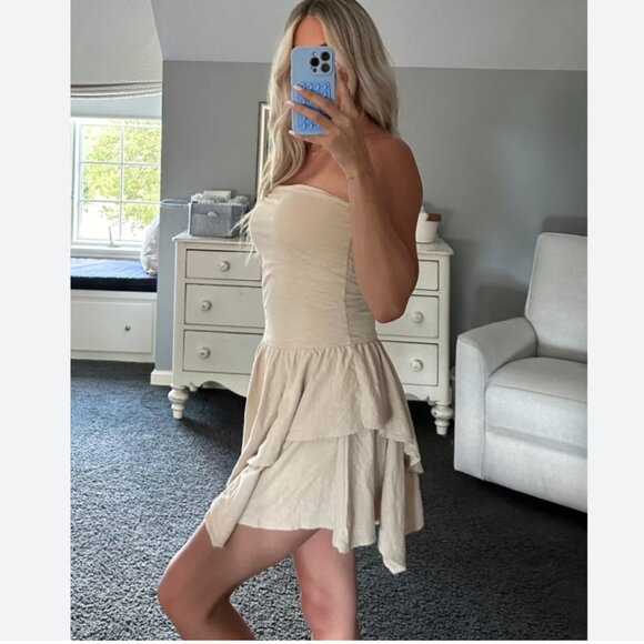 Aerie Strapless Handkerchief Mini Dress Beige Size XXL Blogger Fave Whimsigoth - Picture 3 of 16